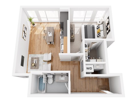 Floor plan for 1 bed, 1 bath, 677 sqft